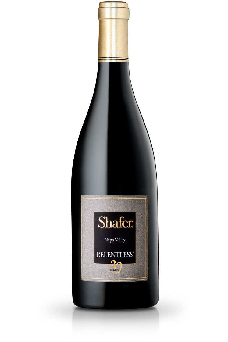 A bottle of Shafer 2019 Relentless wine from Napa Valley with a dark label and gold foil on the cap.