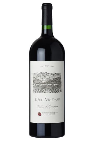 A bottle of Eisele Vineyard 2018 Cabernet Sauvignon, Napa Valley with a label depicting a vineyard scene.