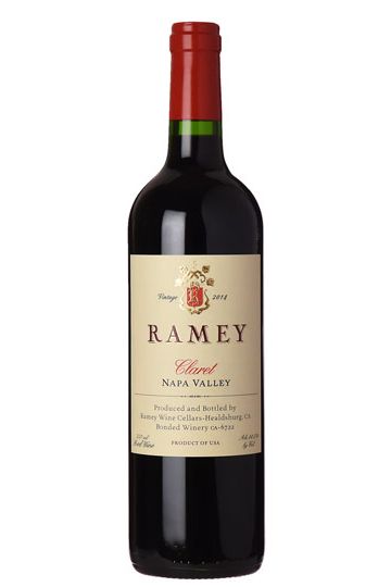 Bottle of Ramey 2019 Claret, Napa Valley red wine with a dark tinted bottle and a red cap. The label displays the Ramey logo and the wine details.
