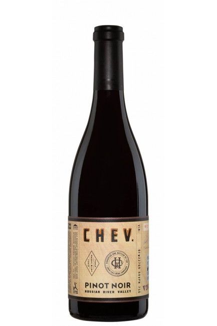 A bottle of CHEV 2019 Pinot Noir wine from the Russian River Valley with a label showing the brand and variety.