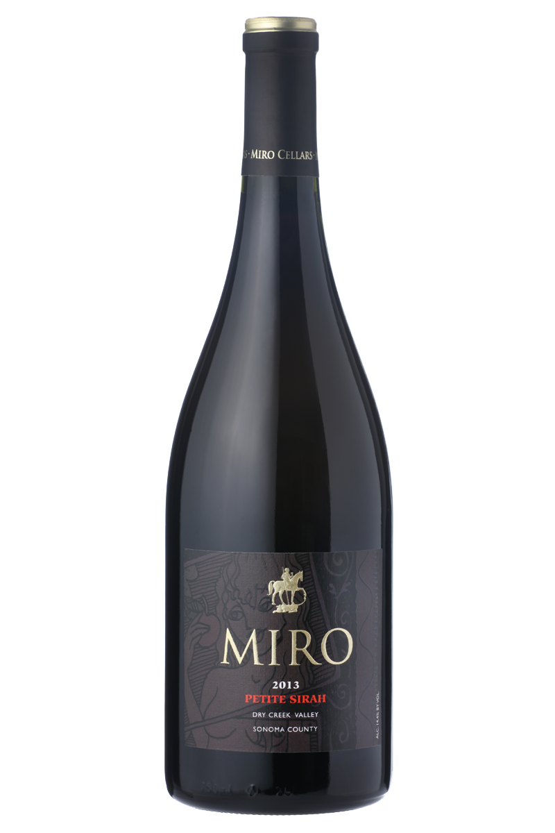 A bottle of Miro 2021 Petite Sirah wine from Dry Creek Valley