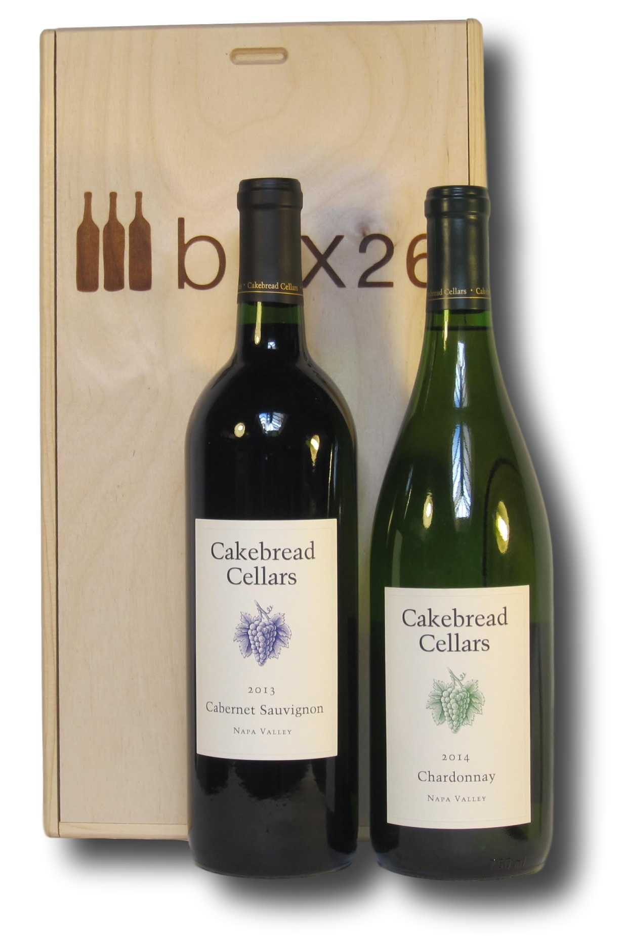 Cakebread Cellars 2-Bottle Gift Pack displayed in wooden logo box